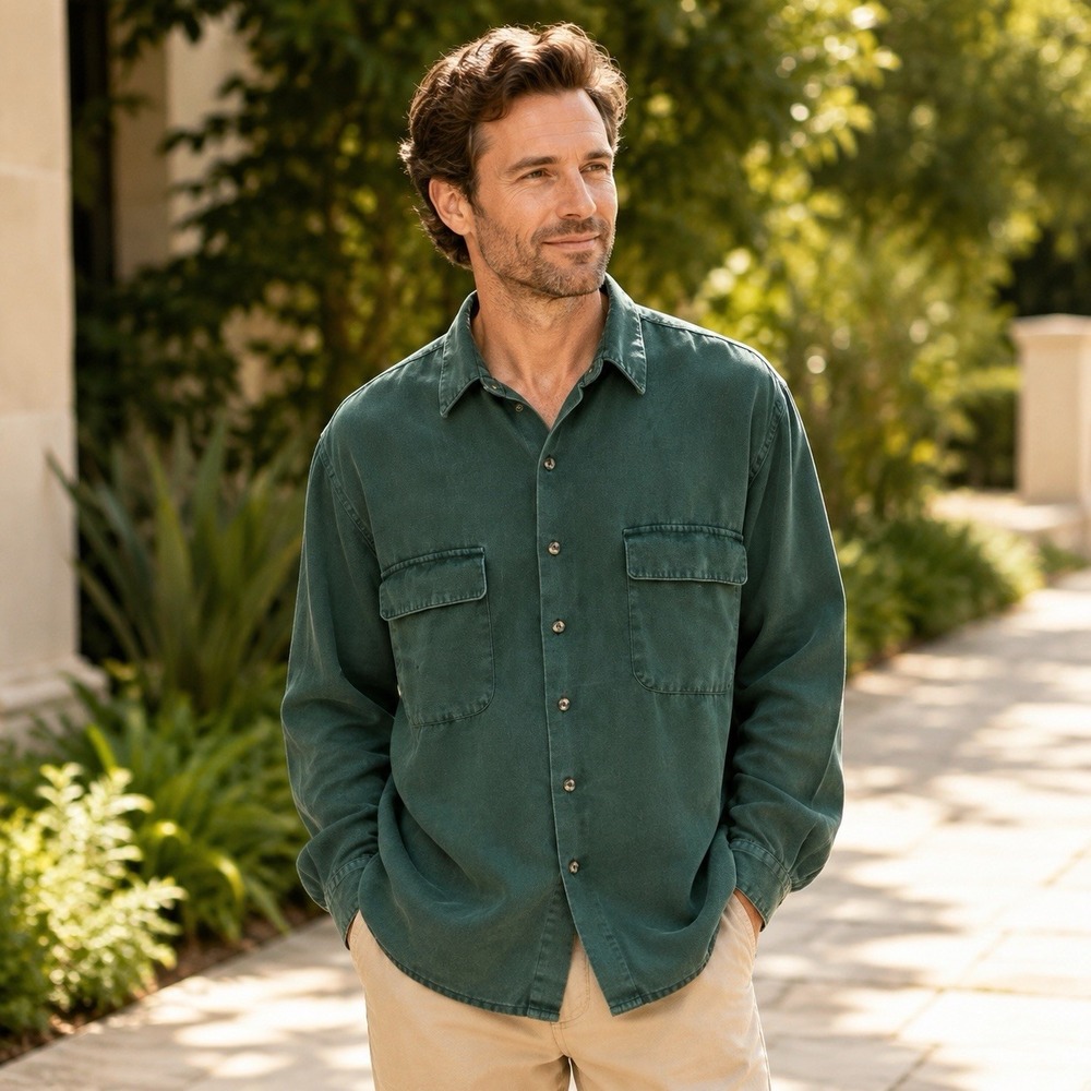 Summa Silk Men's XL Green 100% Silk Button Up Shirt Long Sleeve Pockets - Picture 1 of 9